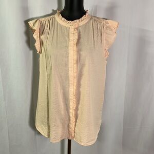 NWT LOFT Pink & White Gingham Ruffled Button Front Cotton Blouse